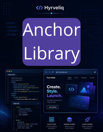Promotional image of Hyrveliq Anchor Library with code editor and Node.js interface on a dark background.