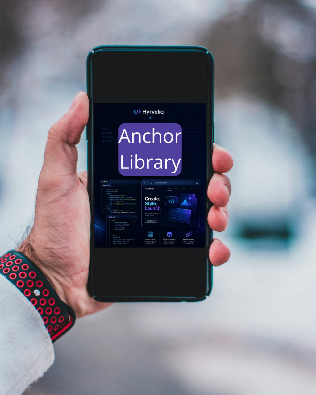 Hand holding a smartphone displaying the 'Anchor Library' app with a blurred outdoor background.