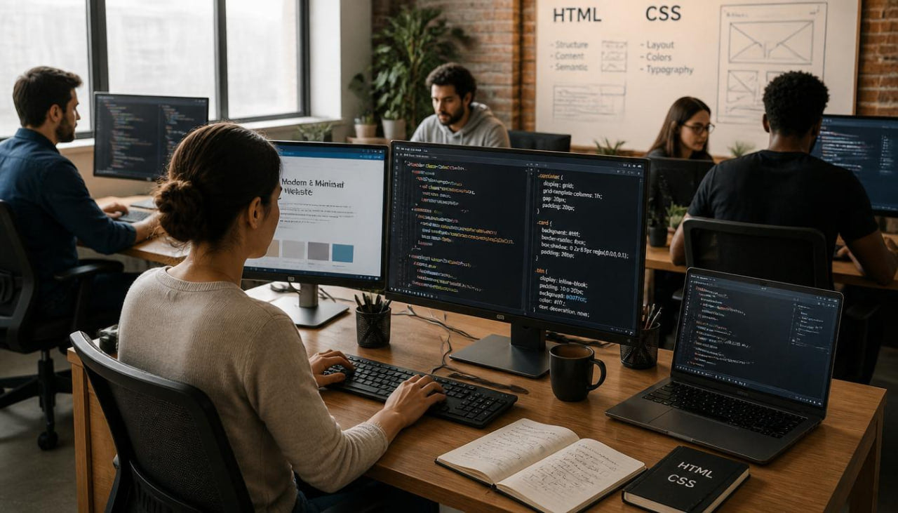 People working at desks with computers in a modern office setting