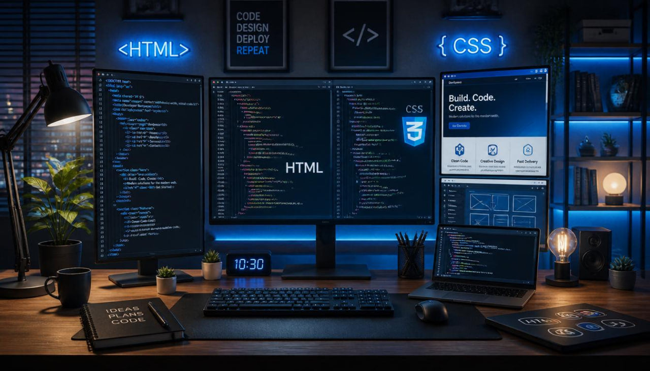 Darkly lit room with a computer setup displaying code on multiple monitors.