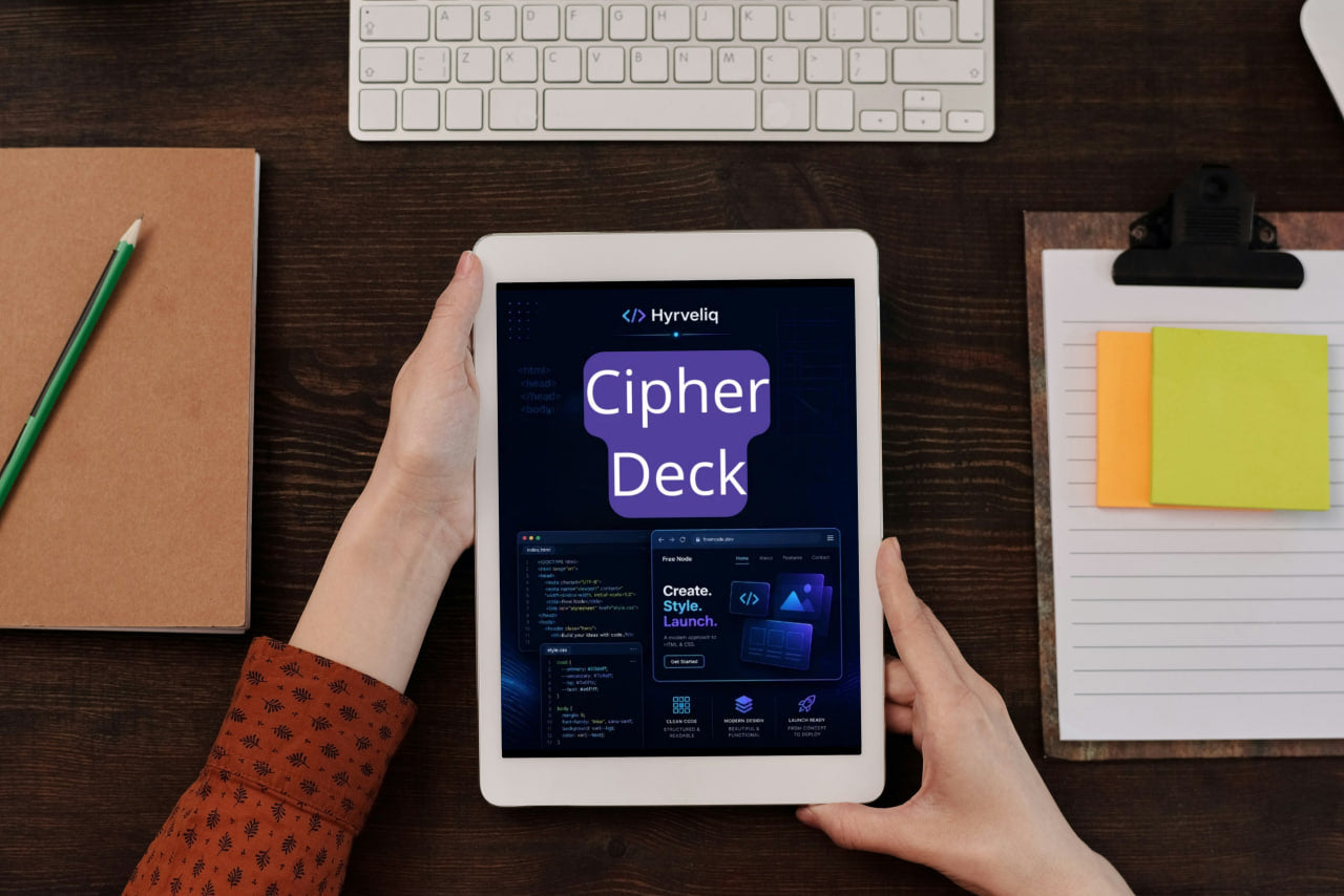 Person holding a tablet displaying the Hyveviz Cipher Deck app on a desk with a keyboard and stationery items.