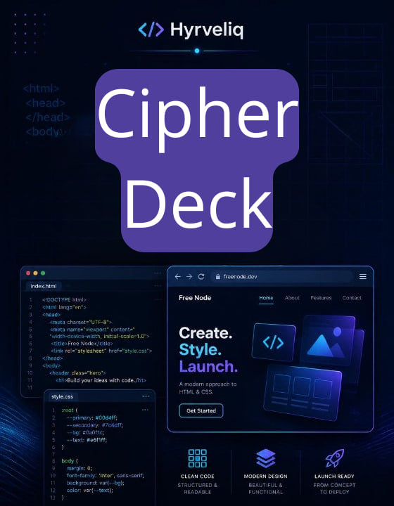 Hyrveliq Cipher Deck software with code editor and Node.js interface on a dark background