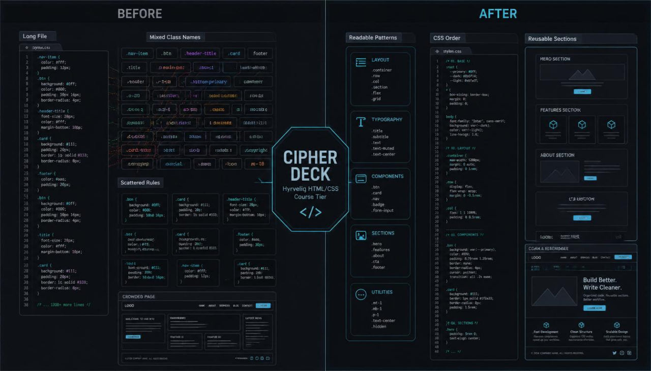 Before and after comparison of a software interface design with Cipher Deck branding.
