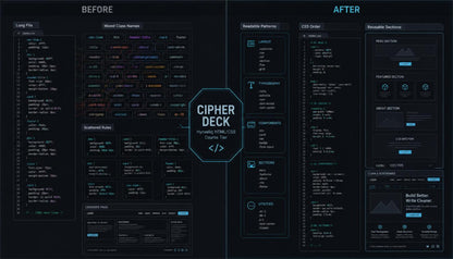 Before and after comparison of a software interface design with Cipher Deck branding.