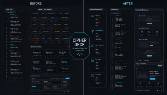 Before and after comparison of a software interface design with Cipher Deck branding.