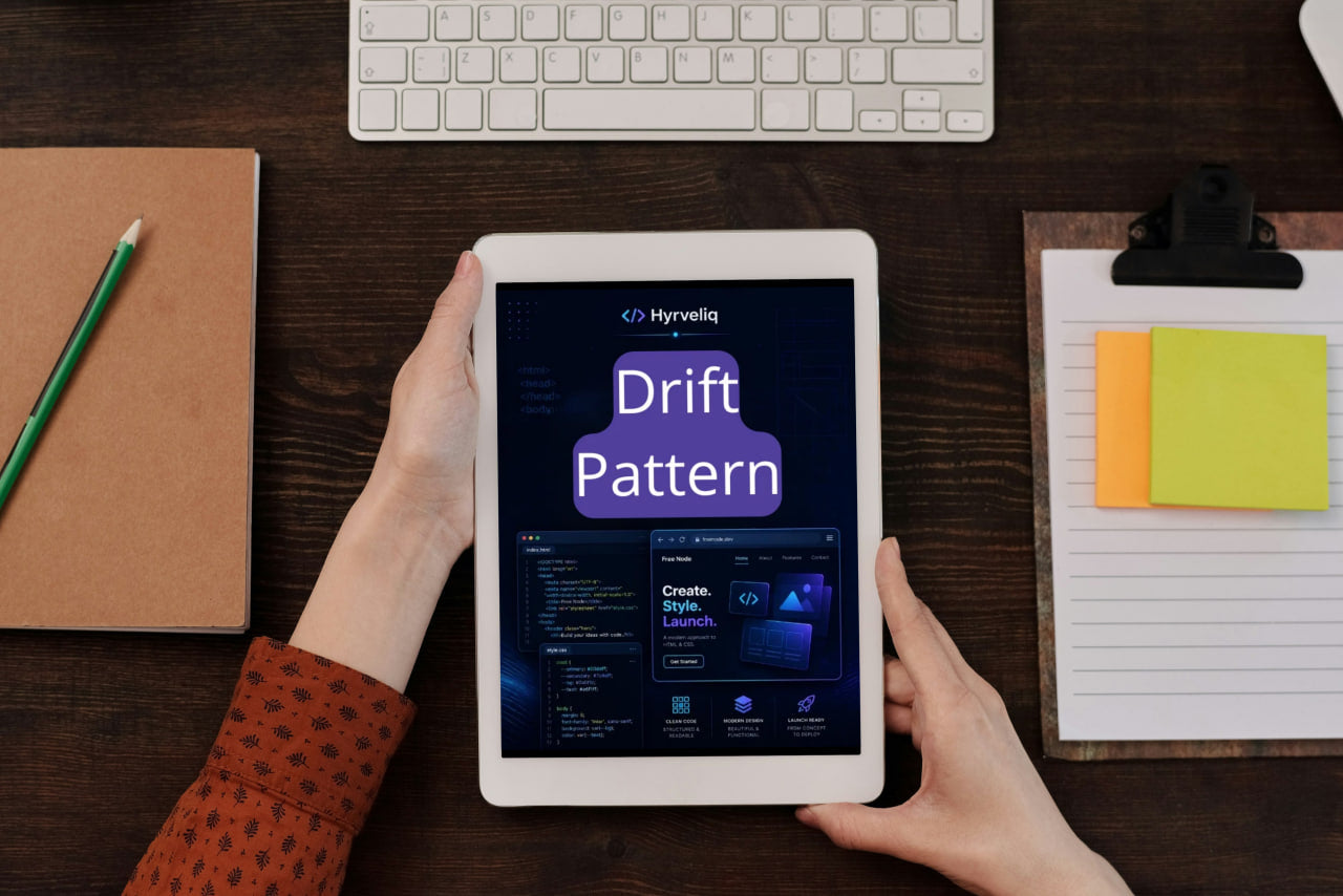 Person holding a tablet displaying Hyve's Drift Pattern software on a desk with a keyboard and stationery items.