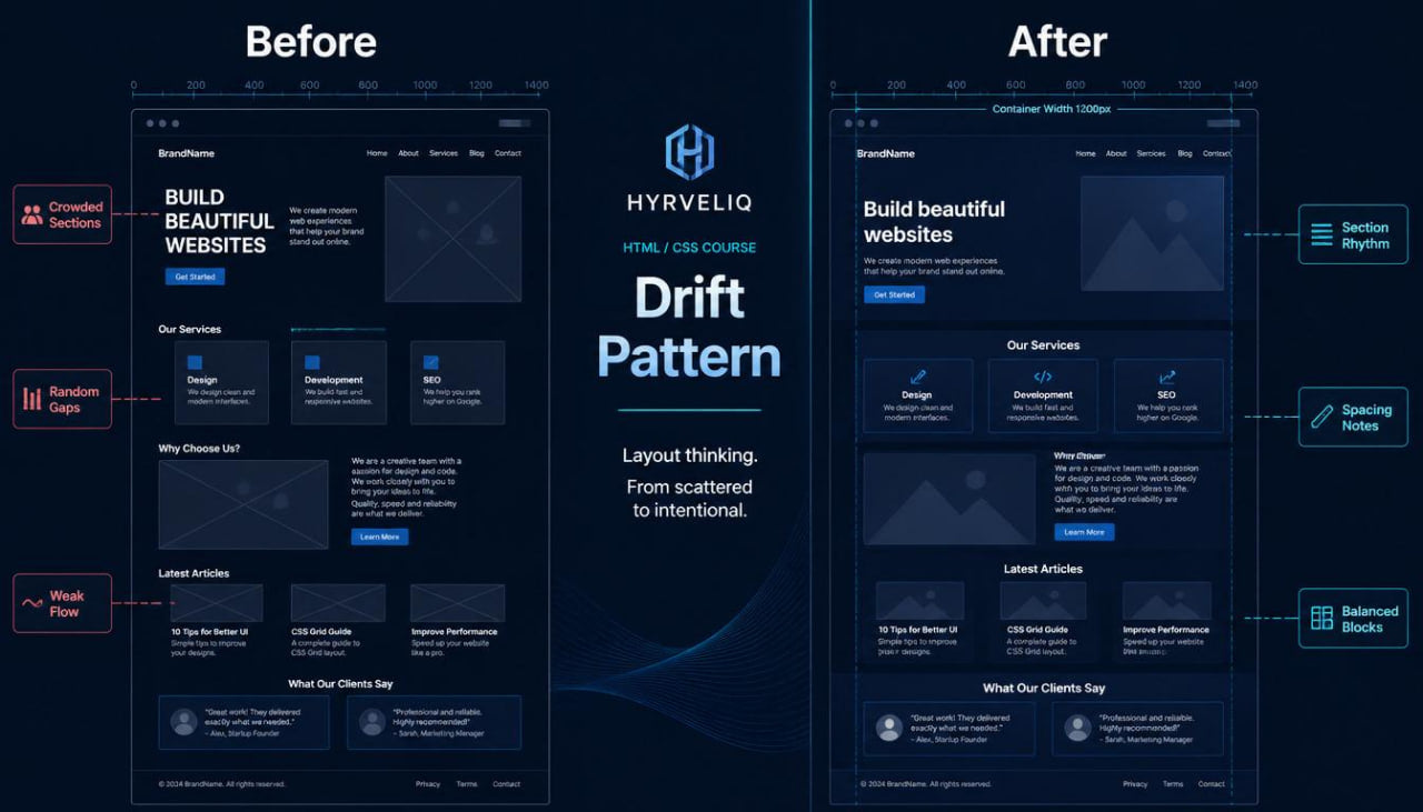 Before and after comparison of a website layout with Hyveliq branding.