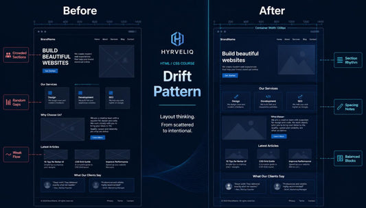 Before and after comparison of a website layout with Hyveliq branding.