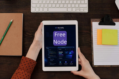 Person holding a tablet displaying the Hyperledger Free Node interface on a desk with a keyboard and stationery items.