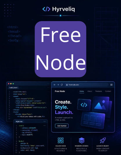 Promotional graphic for Hyrveliq Free Node with code editor interface and branding elements.
