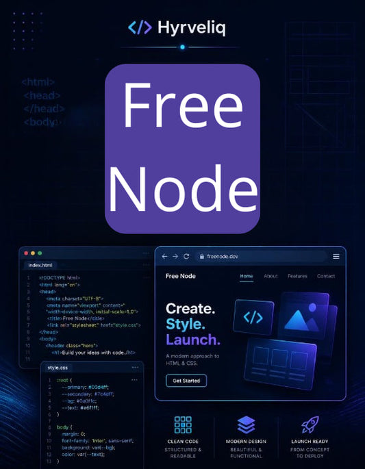 Promotional graphic for Hyrveliq Free Node with code editor interface and branding elements.