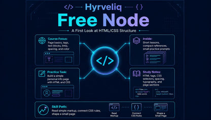 Promotional graphic for Hyrveliq Free Node course on HTML/CSS structure with text and icons on a dark background.