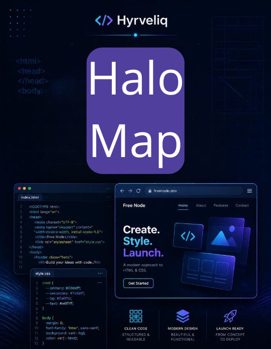 Hyrveliq Halo Map software with code editor and interface on a dark background