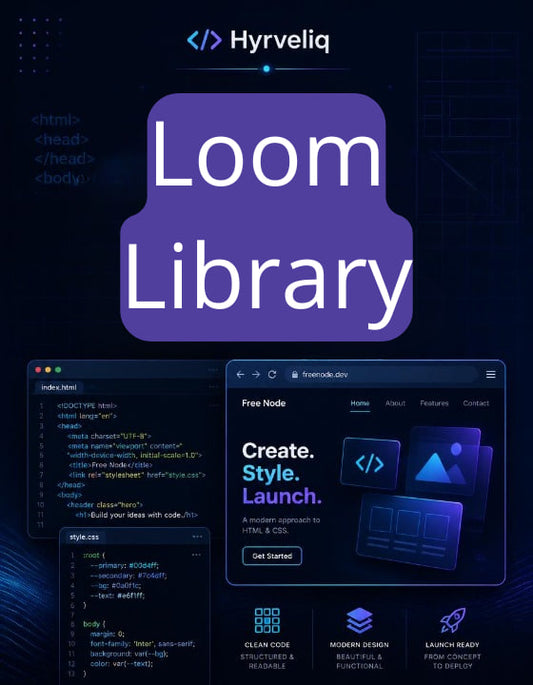 Loom Library branding with code snippets and software interface on a dark background
