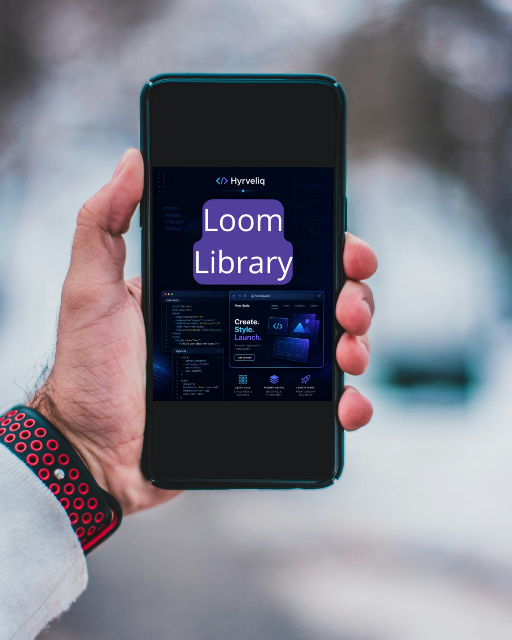 Hand holding a smartphone displaying the 'Loom Library' app with a blurred outdoor background.