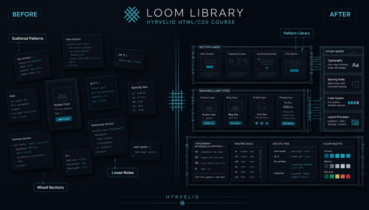 Comparison of a 'Before' and 'After' design layout for a Loom Library HTML/CSS course on a dark background.