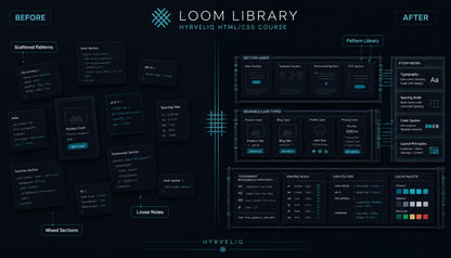 Comparison of a 'Before' and 'After' design layout for a Loom Library HTML/CSS course on a dark background.