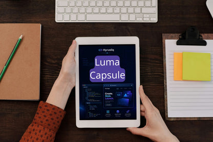 Person holding a tablet displaying Hyve's Luma Capsule software on a desk with a keyboard and stationery items.