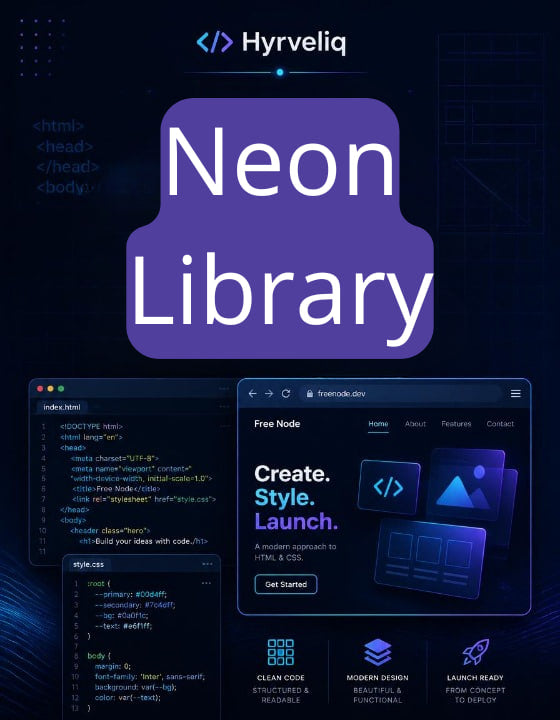 Promotional graphic for Hyrveliq Neon Library with code editor interface and branding.