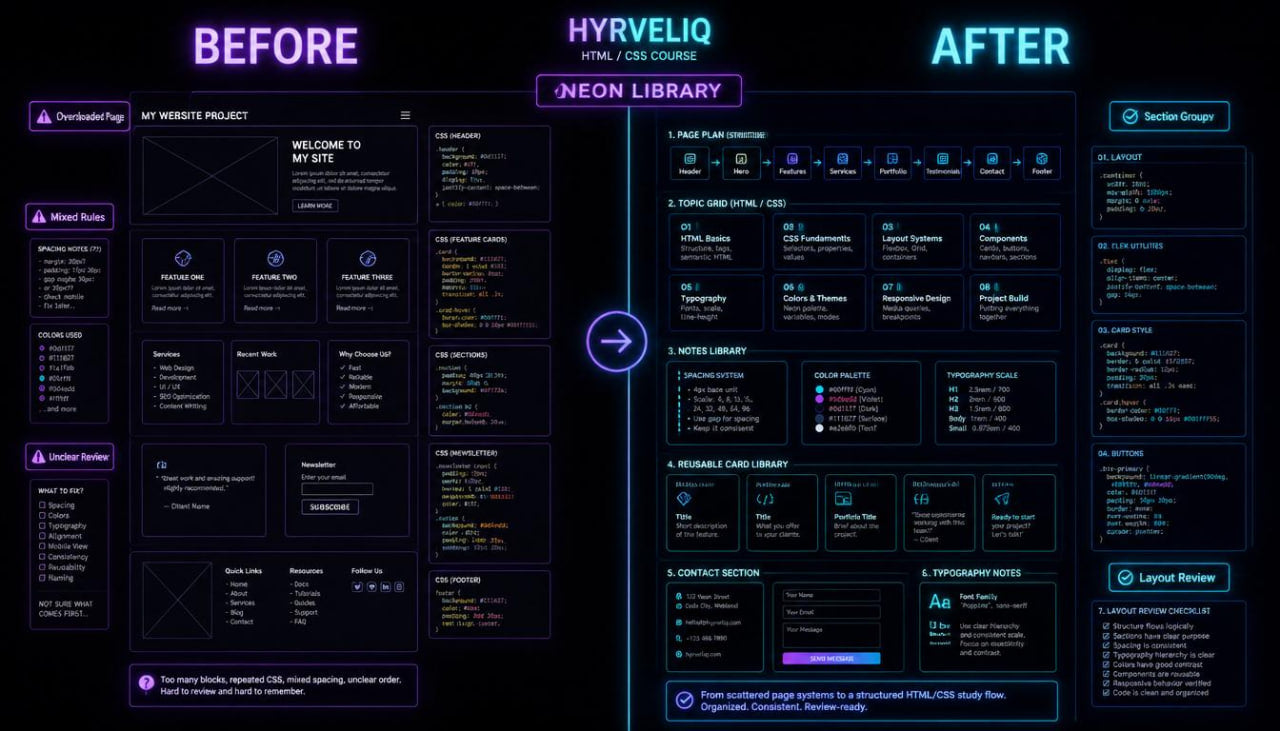 Comparison of a website project layout before and after using Hyrvelio Neon Library on a dark background.