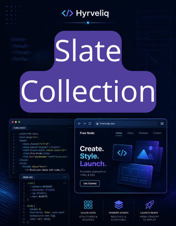 Promotional graphic for Hyrveliq Slate Collection with software interfaces on a dark background