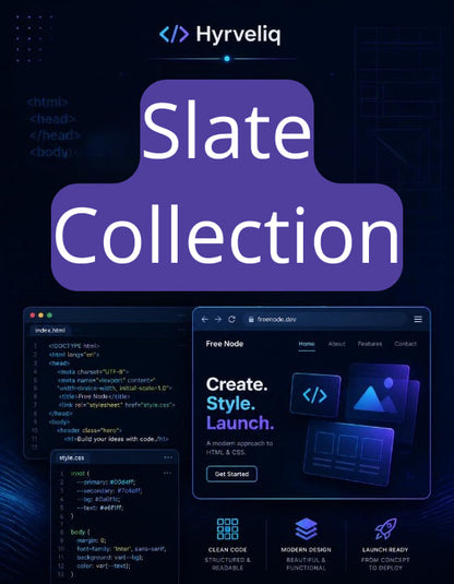 Promotional graphic for Hyrveliq Slate Collection with software interfaces on a dark background