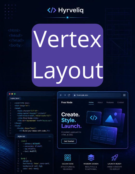 Hyrveliq Vertex Layout software with code editor and interface on a dark background
