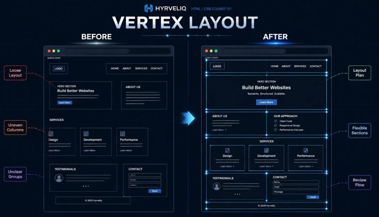 Before and after comparison of a website layout using Hyvelio Vertex Layout tool.